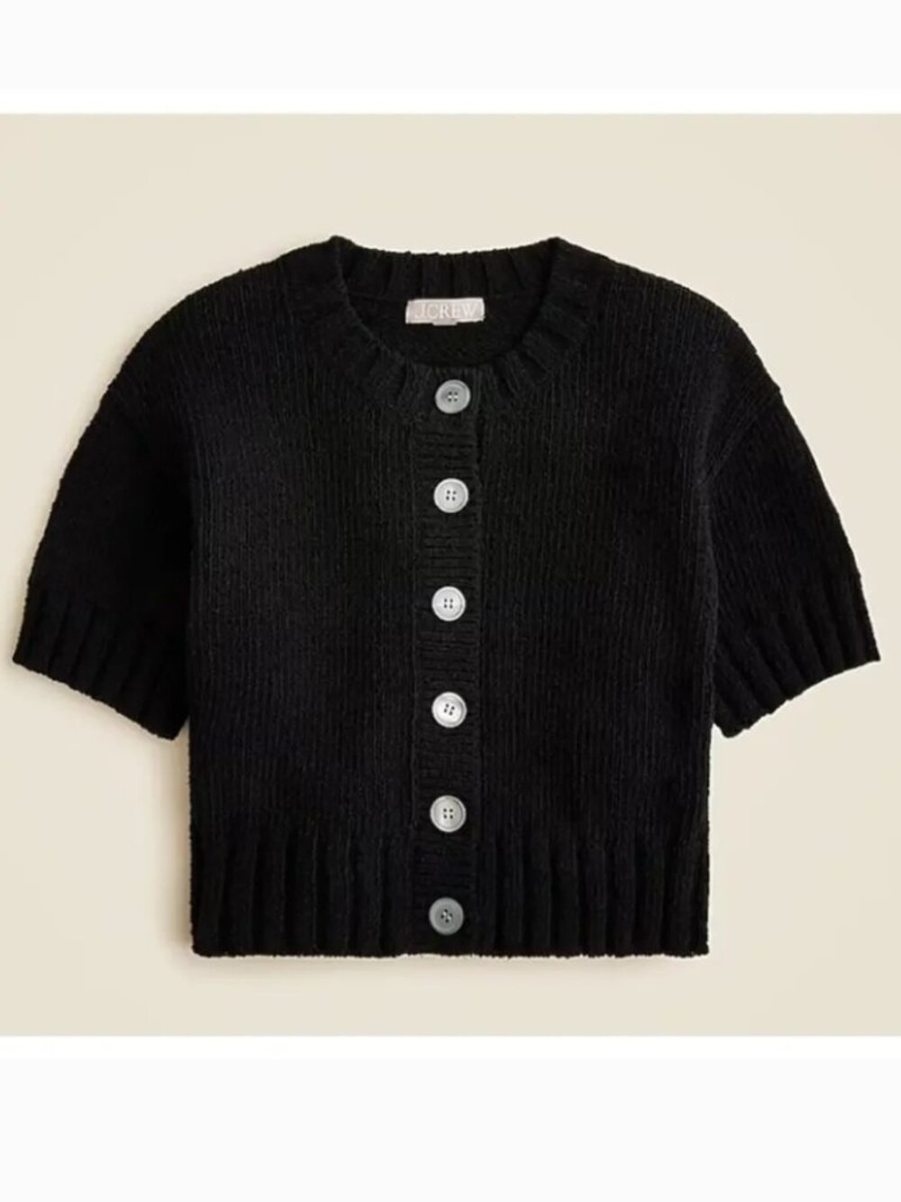 J Crew Marina Crewneck Cardigan Black Textured Cotton Blend Short Sleeve Medium